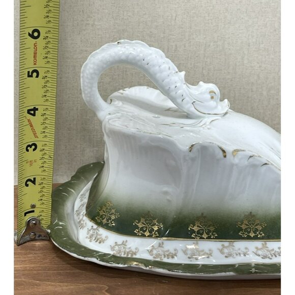 Vintage Glazed Green White Gold Cheese Keeper Butter Dish Dragon Handle - Picture 3 of 7